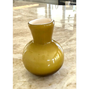 Art glass blown Olive Yellow Green and White cased Glass Vase miniature. Vintage